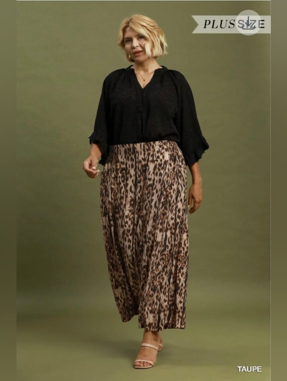 Umgee Plus Size Abstract Leopard Print Wide Leg Cropped Pants Taupe 1X 2X NWT